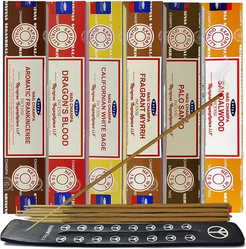 Miniatura 3 de Paquete de varillas de incienso Satya #10 y paquete con soporte con 6 fragancias clásicas: sándalo, sangre de dragón, palo santo, salvia blanca