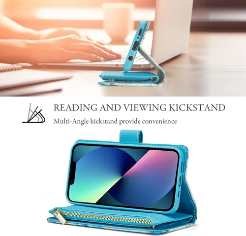 Miniatura 2 de UEEBAI Funda para iPhone 13 de 6.1 pulgadas, Cartera de piel sintética retro a prueba de golpes con función de soporte de ranuras para tarjetas