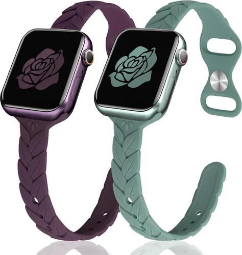 Miniatura 19 de JR.DM - Paquete de 2 bandas de silicona grabadas compatibles con Apple Watch de 38/40/41/42/44/45/46/49 mm, correa delgada y femenina de hoja