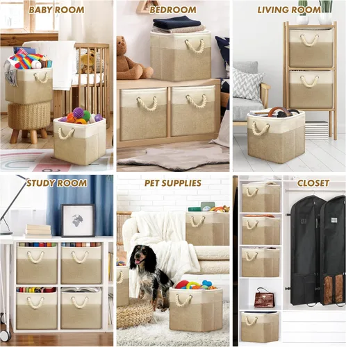 Miniatura 5 de Simple Houseware Cubos de almacenamiento de tela grandes de 13 x 13 pulgadas para armario y organizador de cubos, paquete de 3, color beige