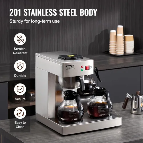 Miniatura 5 de VEVOR Cafetera de Goteo Comercial de 12 Tazas, Máquina Cafetera con 3 Jarras de Vidrio y 3 Platos Calentadores, Cafetera de Acero Inoxidable