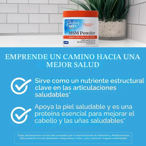 Miniatura 4 de Doctors Best MSM en polvo, apoya el cabello, la piel, las uñas y las articulaciones, sin OMG, sin gluten, sin soja, peso neto vegano, 8.8 oz