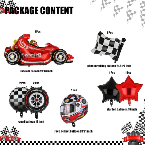 Miniatura 2 de Globos de coche de carreras, globos de neumáticos, bandera a cuadros, globos para casco, dos globos de carreras rápidas y rápidas, decoración