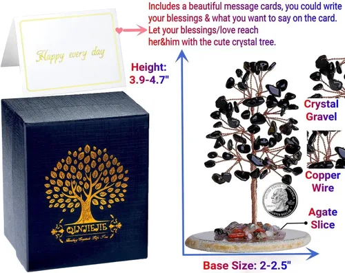 Miniatura 4 de QINJIEJIE Árbol de la vida de obsidiana negra curativa, piedra natural, piedra preciosa para habitación, oficina, escritorio, base de ágata, alambre
