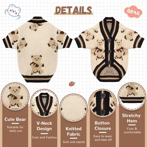 Miniatura 4 de ABRRLO Suéteres para Perros Pequeños Lindos Cárdigans de Perro con Oso Ropa para Perros Pequeños Medianos Niño Niña Cachorro Gato Cárdigan de Punto