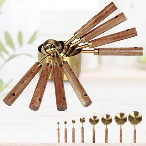 Miniatura 4 de Colección de 8 tazas medidoras doradas y cucharas medidoras, dorado con asas de madera fragante, juego completo de tazas y cucharas medidoras