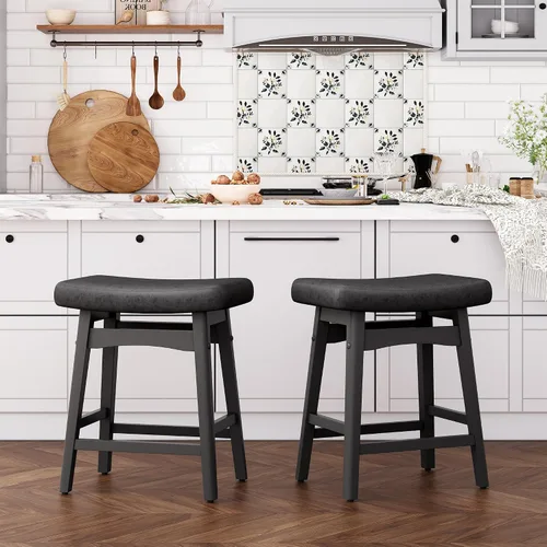 Miniatura 32 de ALPHA HOME Taburete de bar, taburete de cocina de silla de montar de madera maciza con cojín de tela de lino beige, taburete de bar de altura