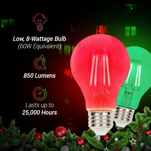 Miniatura 4 de Paquete de 2 bombillas LED de filamento rojo y verde – A19 E26 8 W, equivalente a 60 W, bombilla LED vintage roja y verde para iluminación