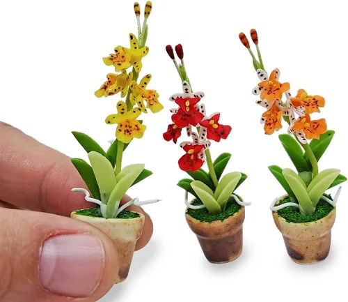 Miniatura 3 de WitnyStore Juego de 3 piezas pequeñas de 2 pulgadas de alto, orquídea amarilla, roja y naranja - Flores artificiales hechas a mano, coloridas