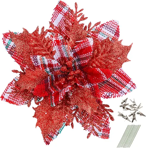 Miniatura 17 de GREENTIME 12 flores de pascua artificiales con purpurina de 5.5 pulgadas, tallos de Navidad, adornos para árbol de Navidad para fiesta de Año Nuevo