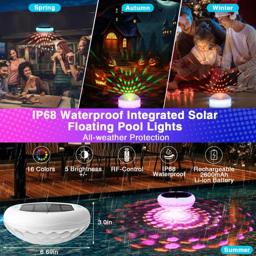 Miniatura 5 de Luces solares para piscina (1 unidad), 2600 mAh USB recargables luces flotantes flotantes de 6.7 pulgadas IP68 impermeable con control remoto, RGB