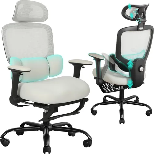 Miniatura 10 de Silla de oficina ergonómica con brazos abatibles y reposapiés 4D, silla de escritorio de malla para juegos con reposacabezas 3D y soporte lumbar