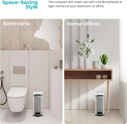Miniatura 3 de Home Zone Living - Cubo de basura pequeño de 3 galones con tapa y pedal para pisar, de acero inoxidable con diseño estriado delgado para el hogar