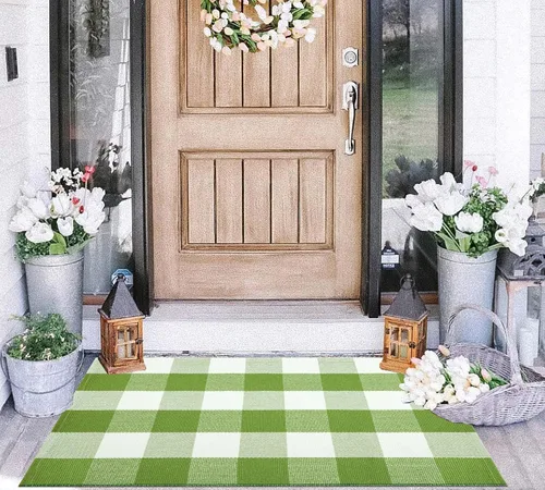 Miniatura 6 de Tapete verde y blanco para puerta delantera 24"x35", alfombra de porche delantero a cuadros búfalo, algodón tejido, lavable a máquina, reversible