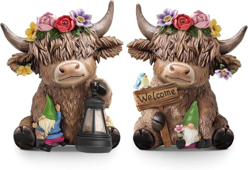 Miniatura 29 de Karenhi 2 piezas de figuritas de vaca de las Tierras Altas para el Día de la Madre, figuritas de gnomo de vaca con flores y corazón de MADRE