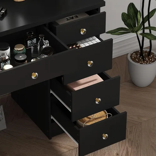 Miniatura 8 de MOUMON Escritorio de tocador de cristal con luces y 9 cajones, escritorio grande de maquillaje con 2 puertas de espejo, mesa de tocador con estantes