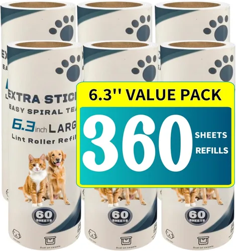 Recambios de rodillo de pelusa grande para pelo de mascotas de 6.3 pulgadas, 360 hojas, suplemento extra adhesivo para eliminación de pelo de gatos