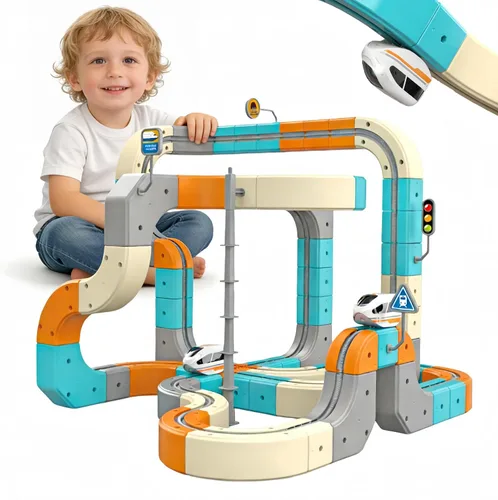 Miniatura 10 de Juego de tren eléctrico 3D para niños, pista de carreras de gravedad mágica con aprendizaje STEM, cubos y bloques flexibles, juguete para niños