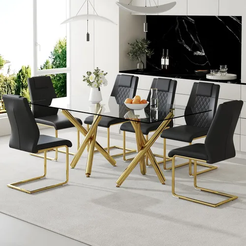 Miniatura 2 de Ebullient Moderno juego de mesa de comedor para 6, mesa de comedor de cristal de 71 pulgadas y patas de mesa de metal dorado, mesas de comedor
