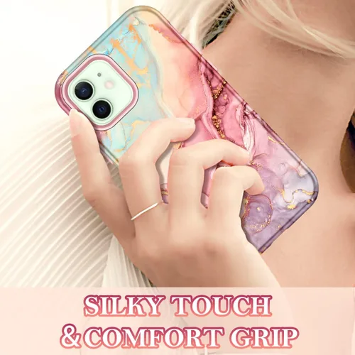 Miniatura 7 de Btscase para iPhone 12/iPhone 12 Pro, funda resistente de tres capas de mármol a prueba de golpes, cuerpo completo, PC duro + parachoques de TPU
