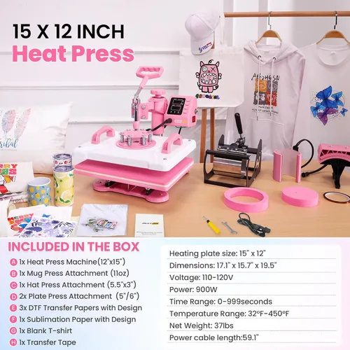 Miniatura 7 de Whubefy Máquina de prensa de calor 5 en 1 de 15 x 12 pulgadas con prensa de vasos, máquina de prensa de calor por sublimación industrial