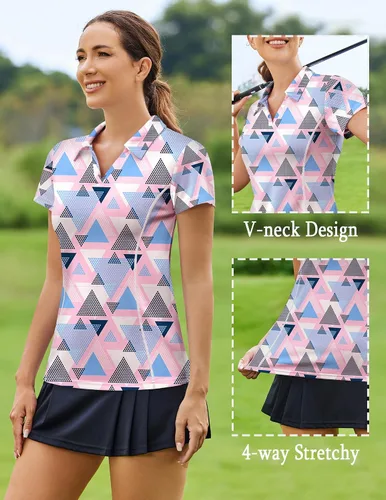 Miniatura 2 de Pinspark Camisa de golf para mujer, camiseta polo de manga corta, secado rápido, camiseta de tenis con cuello en V y cuello de pickleball