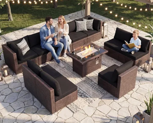 Miniatura 17 de BULEXYARD Juego de muebles de patio de respaldo alto de 7 piezas con mesa de fogata de combustible dual propano/gas natural, sofá seccional