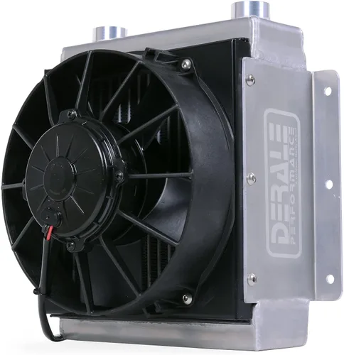 DERALE Enfriador de fluido y ventilador, 12-3/8 x 11-7/8 x 8-1/2 in, Tipo de tubo, 7/8-14 in Hembra O-Ring Entrada Fitting, 7/8-14 in Hembra O-Ring