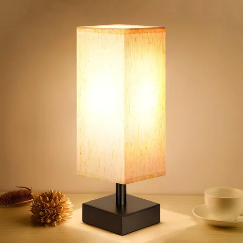 Lámpara de mesa pequeña estilo minimalista con pantalla de tela cuadrada para dormitorio, mesita de noche, lámpara de lectura para escritorio,