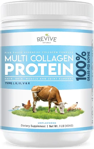 Revive Naturals Multi Colágeno Hidrolizado Polvo de Proteína (16oz) - Tipos I, II, III, V y X - Bovino Alimentado con Pasto, Marino Pescado Salvaje,