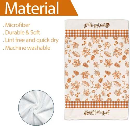 Miniatura 3 de Toallas de cocina de otoño, juego de 2, calabazas de otoño con hojas de arce, naranja a cuadros, paños de cocina para baño, temporada de Acción