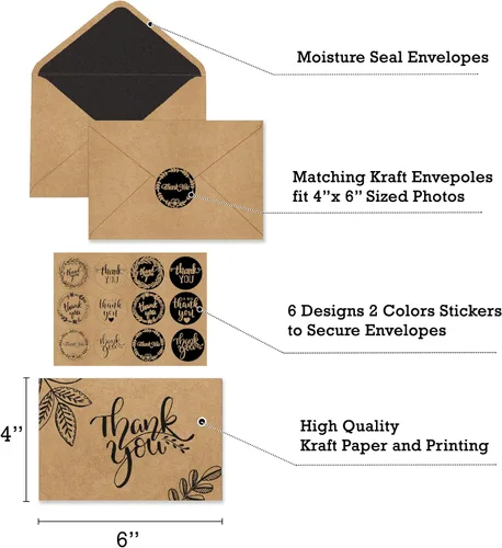 Miniatura 3 de 150 tarjetas de agradecimiento con sobres y calcomanías de papel kraft marrón a juego, 10 diseños elegantes de papel kraft a granel, notas en blanco
