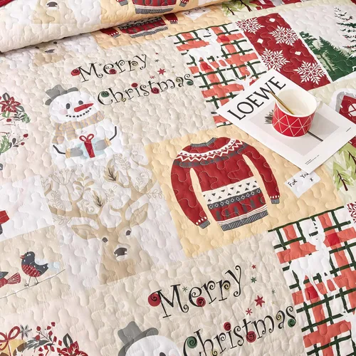 Miniatura 5 de DJY Juego de Edredón de Navidad Tamaño King, Juego de Colcha Coverlet de Retazos de Muñeco de Nieve de Pan de Jengibre 3 Piezas Edredón a Cuadros