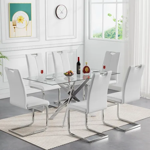 Miniatura 13 de Juego de mesa de comedor de cristal negro de 51 pulgadas para mesa de cocina de 4,5 piezas y sillas con patas de metal y 4 sillas de comedor de piel