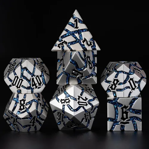 Miniatura 16 de Juego de Dados de Metal DND, Conjunto de 7 Dados Poliédricos D&D, Conjunto de Dados con Grietas Brillantes para Juego de Rol Calabozos y Dragones