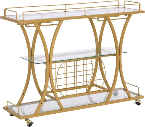Miniatura 6 de Carritos de Bar Dorados con Soportes de Vasos y Estante para Vino, Carritos de Bar para Servir en Casa de 3 Niveles con Estantes de Vidrio, Carritos
