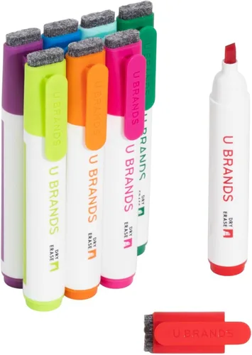 U Brands Juego de 8 marcadores de borrado en seco, paquete de 8, colores surtidos, bolígrafos de pizarra blanca con punta de cincel y tapas de