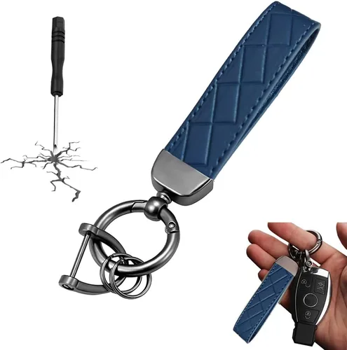 Miniatura 13 de Llavero de llaves de coche, llavero de cuero, llavero de coche decorativo universal, anillo en D antipérdida, llavero giratorio de 360 grados, Azul