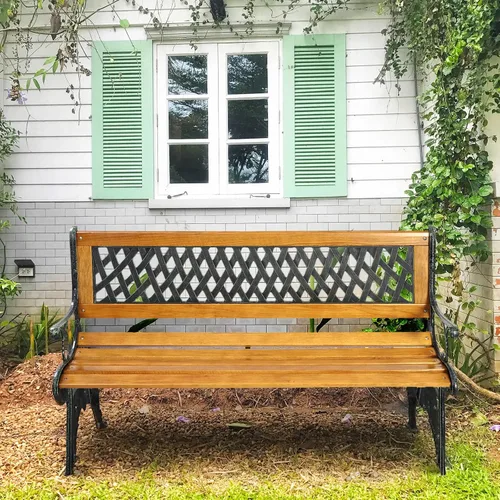 Miniatura 8 de S AFSTAR Banco de jardín, banco de pino con respaldo de tejido de diamante, capacidad de carga de 470 libras, banco de madera resistente a
