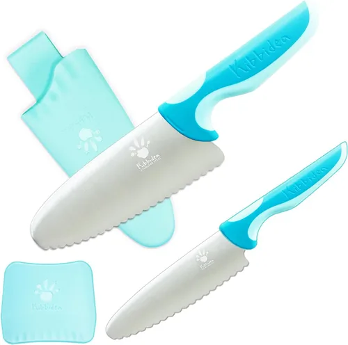 Kibbidea Juego de cuchillos para niños, 4 cuchillos de cocina seguros para niños, punta redonda, sin BPA, acero inoxidable, azul