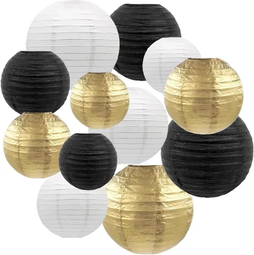 CC wonderland zone 12 linternas de papel colgantes de color blanco y negro, linternas de papel redondas para cumpleaños, Año Nuevo, boda, fiesta,