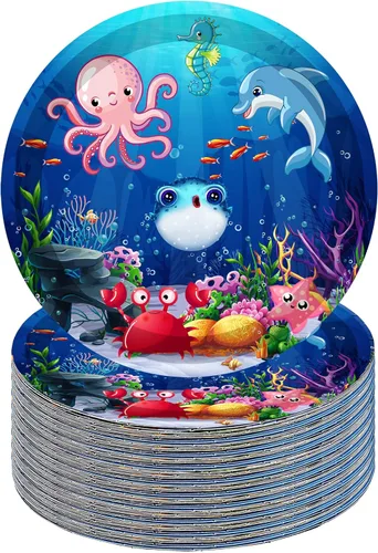 40 piezas de suministros para fiesta de cumpleaños bajo el mar, platos de papel para fiesta de vida marina oceánica, platos de postre de animales