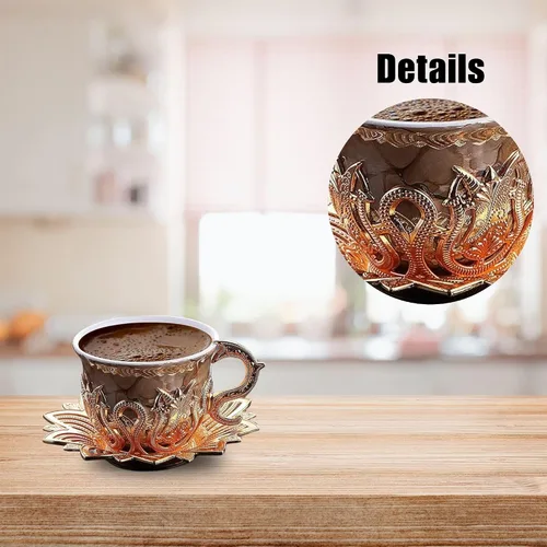 Miniatura 4 de Juego de 6 tazas de café expreso turco otomano con platillos y soportes, diseño de mármol marrón, porcelana árabe, griega, mini taza de café griega