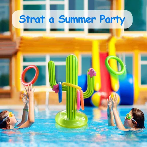 Miniatura 5 de Paquete de 3 juegos inflables de cactus, juego de lanzamiento de anillos de cactus, juguetes de piscina de cactus, flotante, natación, verano