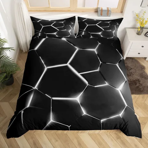 Miniatura 14 de Feelyou Juego de funda de edredón de panal de abeja, color verde y amarillo, juego de ropa de cama hexagonal para niños y niñas, funda de edredón