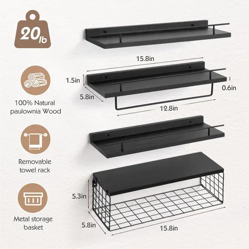 Miniatura 3 de SALA Juego de 4 estantes de baño para montar en la pared, estantes flotantes sobre papel higiénico con toallero, estantes de pared de madera