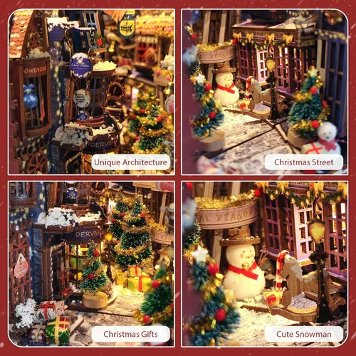 Miniatura 5 de Kit de manualidades para rincón de lectura DIY - Kit de casa en miniatura estilo navideño para estanterías, rompecabezas de madera 3D con cubierta