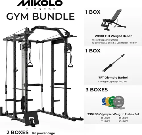 Miniatura 2 de Mikolo Jaula de Potencia, Rack de Potencia con Sistema de Cruce de Cables, 1500LBS Rack para Sentadillas con Sistema de Jalón LAT, Jaula de Negro