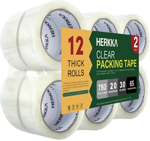 HERKKA Cinta de embalaje transparente, 12 rollos de cinta de embalaje resistente para embalaje de envío, sellado en movimiento, cinta de embalaje