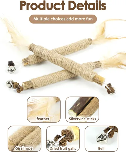 Miniatura 5 de Tocirelo Juguetes Masticables para Gatitos para la Dentición - Paquete de 6 Palitos Naturales de Silvervine para Gatos, Juguete de Plumas de Gato